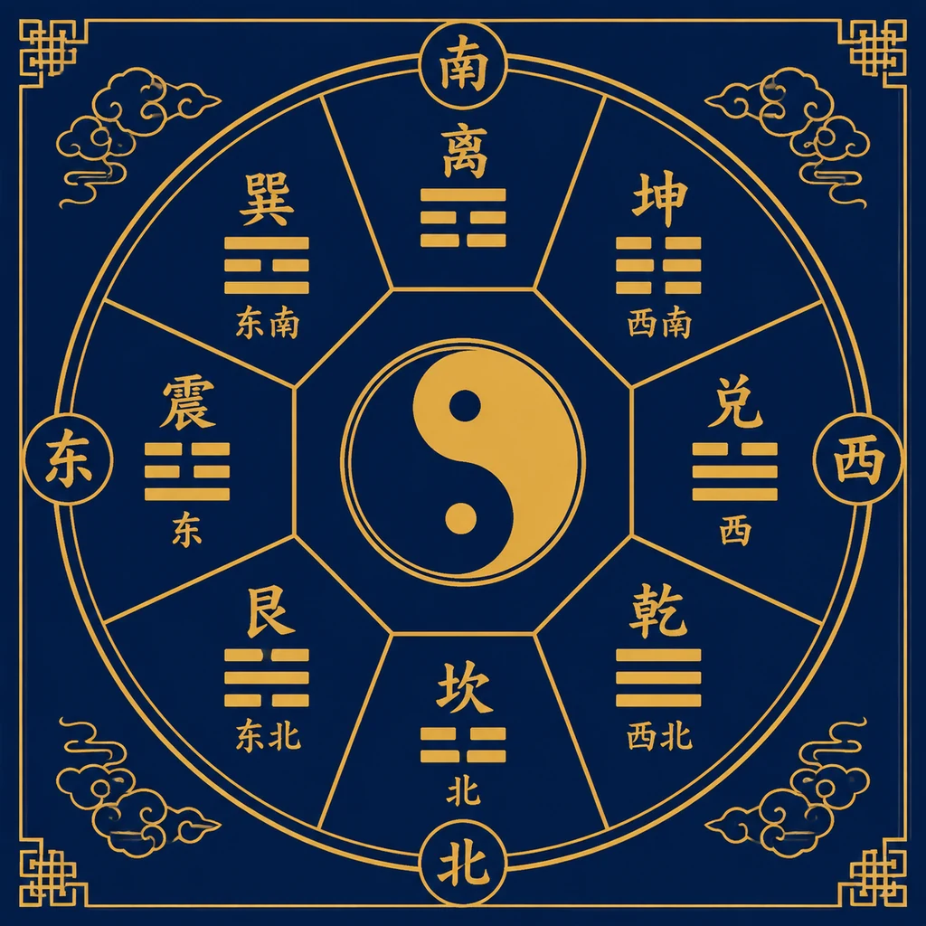 后天八卦方位图：离南坎北、震东兑西，巽居东南、坤居西南、艮居东北、乾居西北，八卦环形排列